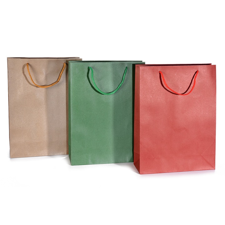 Комплект от 3 подаръчни хартиени торби, натурални, зелени и червени, 24, 5x9, 5x33 cm