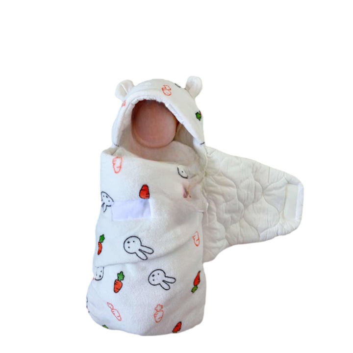 Bolyhos takaró ALC™ Baby 0-6 hónapos, meleg, medvefülekkel és báránymintával, újszülöttek pólyálásához, fehér