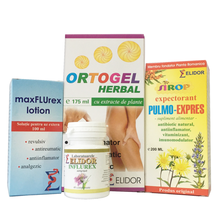 Pachet Elidor : Ortogel 175 ml, Maxflurex 100 ml, Sirop Pulmoexpres 200 ml, Influrex 40 cpr
