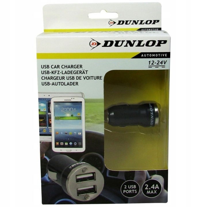 Autós adapter, DUNLOP, 2xUSB, 12/24 V, Fekete