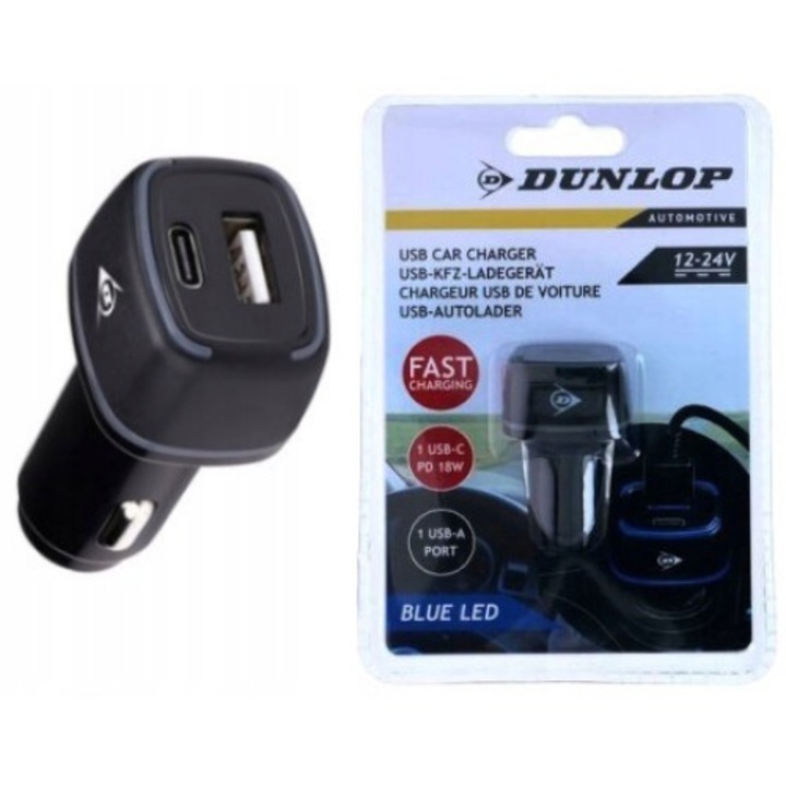 Dunlop univerzális autós töltő, USB A és USB C porttal, fekete