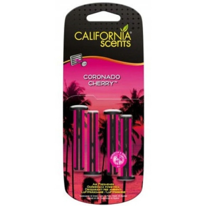 4 db autós légfrissítő készlet, California Scents, Coronado Cherry, Szellőztető rögzítés, Fekete