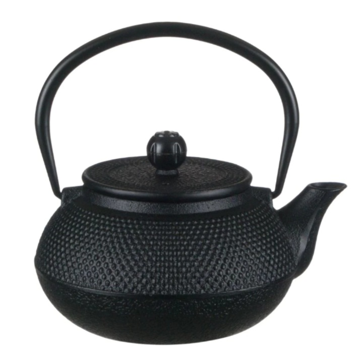Черен чайник, L@ka, Чугунен материал, Релефна шарка, С дръжка и инфузер, Капацитет 600 ml
