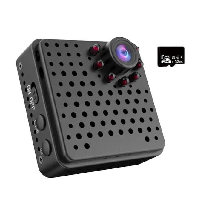 Mini WiFi megfigyelő kamera, SZJY®, Full HD 1080p, 155 fokos szög, 32 GB-os kártya, beépített akkumulátor, mozgásérzékelő, mágneses, távirányító, élő lejátszás, kártyanyílás, fekete