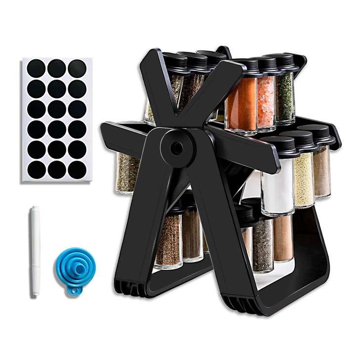 Set 18 recipiente condimente cu suport rotativ, VIENOD, 34x23 cm, pivotant 360°, cutie single 100ML, negru