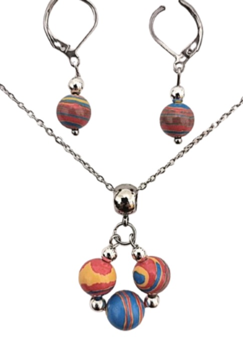 Set pandantiv, lant si cercei, cu compozit multicolor, hematit si accesorii din inox