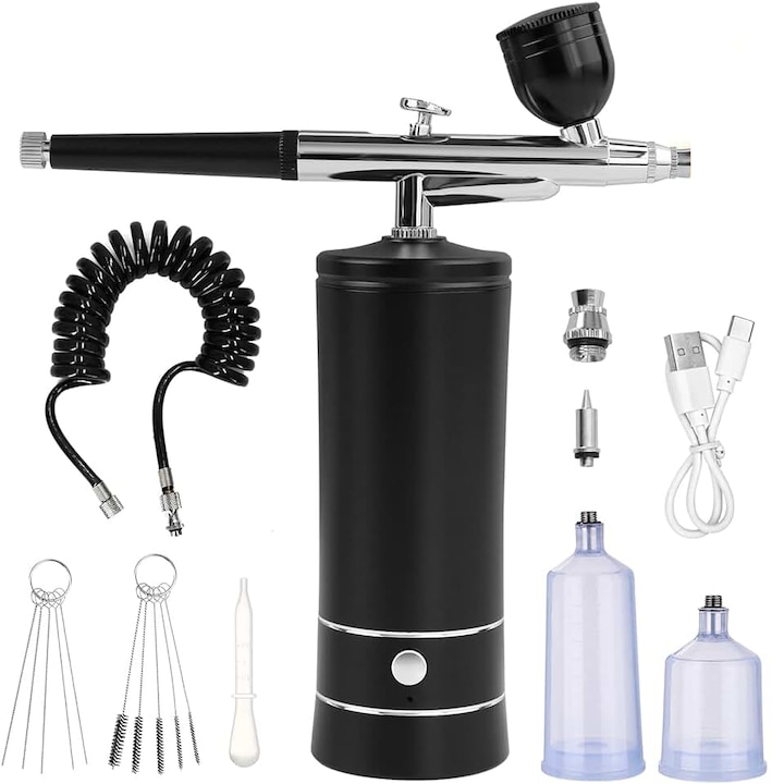 HASEPE Portable Airbrush Комплект аерографи с компресор и подвижен маркуч, ръчна пръскачка, дюза 0,3 mm, без кабел, за маникюр, рисуване на тяло, полупостоянна татуировка, декорация на торта, черен