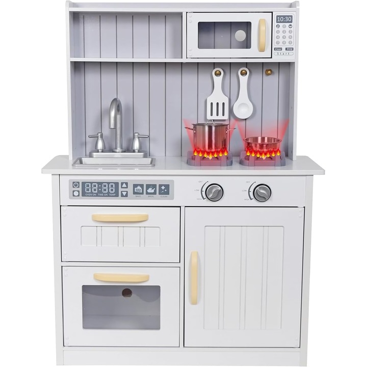 Детска кухня от естествено дърво, ElizabethKitchen, KinderVibе, Котлони със специфични светлини и звуци, Микровълнова фурна, Мивка, Включени аксесоари за готвене, 93 см височина