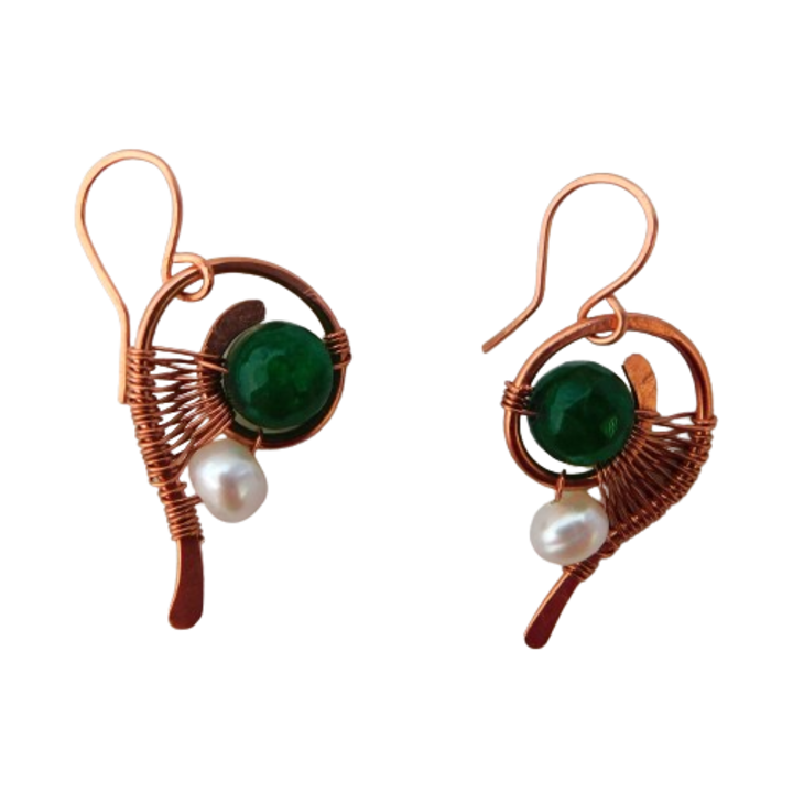 Cercei din cupru, FaR cu jad verde si perla 4 cm