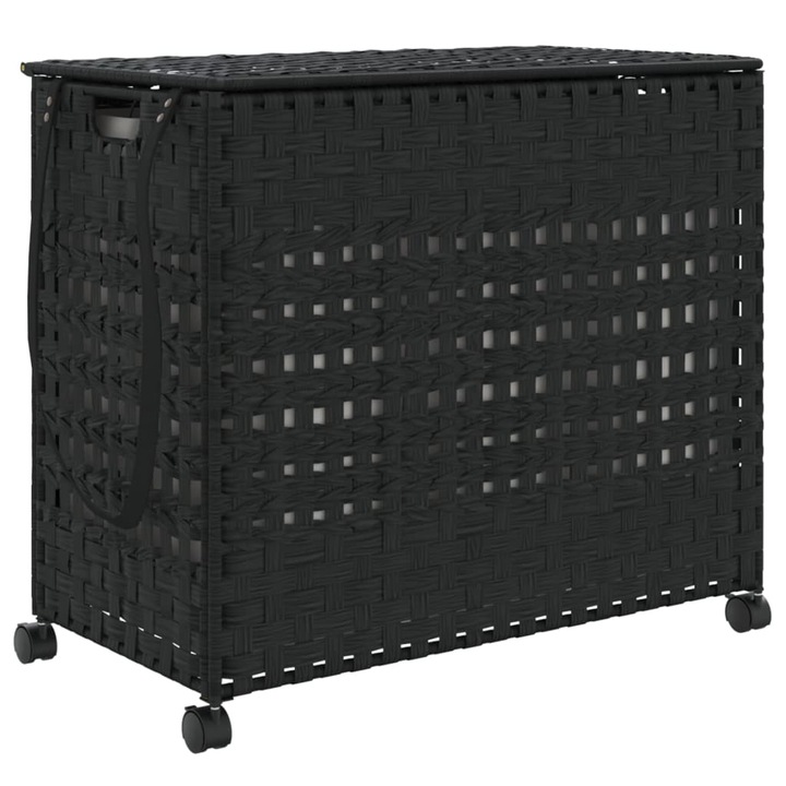 Cos de rufe cu roti vidaXL, negru, 66x35x60 cm, ratan, 4.64 Kg