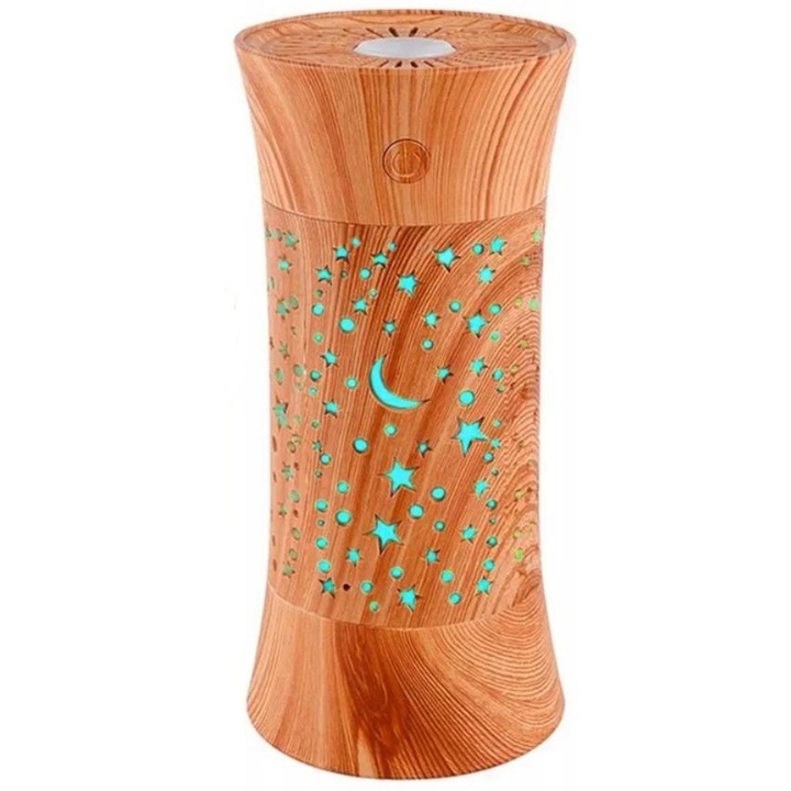 Umidificator Aromaterapie, Purificator de Aer, Ultrasunete, Ionizator, Silentios, LED Iluminare Nocturna, Culoarea Lemnului de Fag