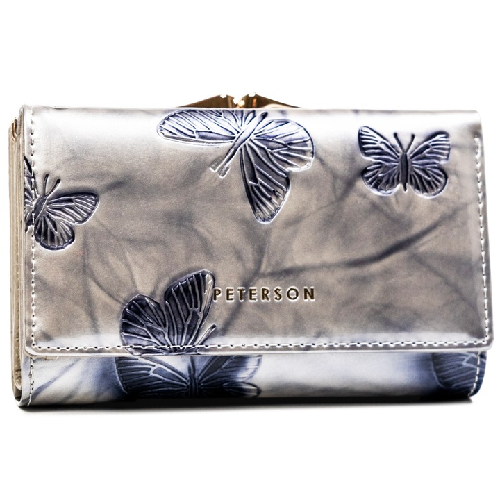 Portofel dama, Peterson, PTN 42108-BF-7006 SI, Piele naturala, Capse, 14x9x3.5cm, Argintiu/Auriu
