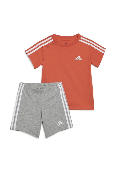 adidas Sportswear, Set de tricou si pantaloni scurti cu benzi laterale contrastante, Portocaliu/Gri melange
