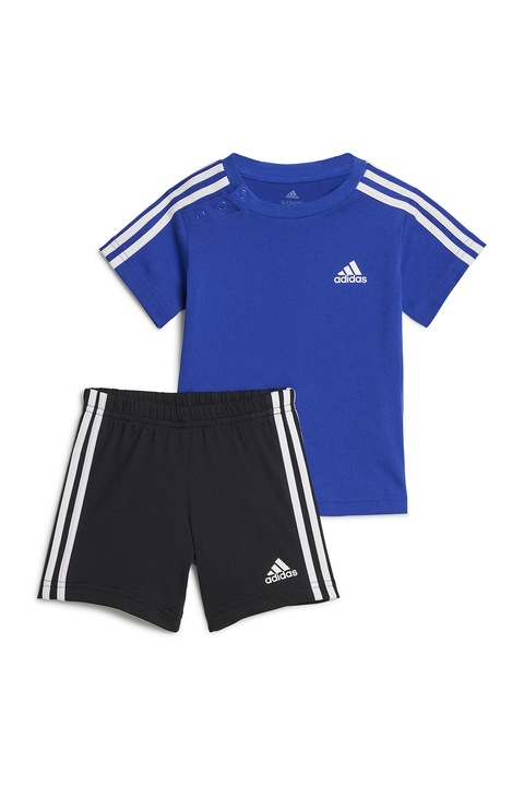 adidas Sportswear, Set de tricou si pantaloni scurti cu benzi laterale contrastante, Albastru royal/Negru