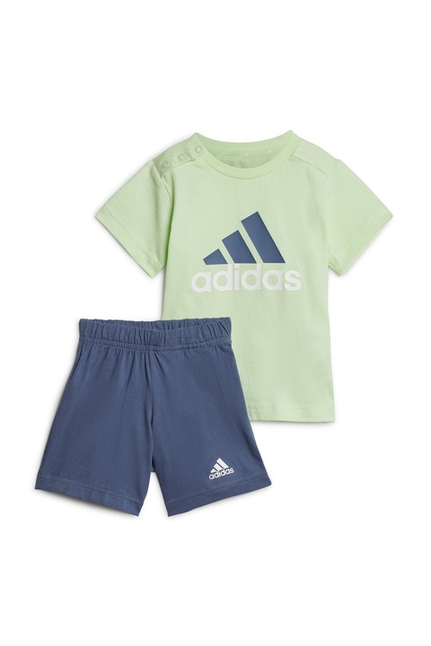 adidas Sportswear, Set de tricou cu imprimeu logo si pantaloni scurti, Albastru inchis/Verde deschis
