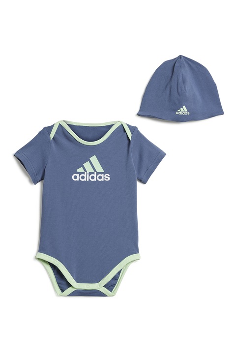 adidas Sportswear, Set de caciula si body cu maneci scurte, Albastru prafuit/Verde pal