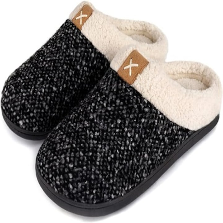 Papuci casa pentru femei si barbati din spuma cu memorie in doua tonuri de culori, ULTRAIDEAS, calzi si moi, cu talpa antiderapanta, confortabili, pentru interior si exterior, Meteorite Grey