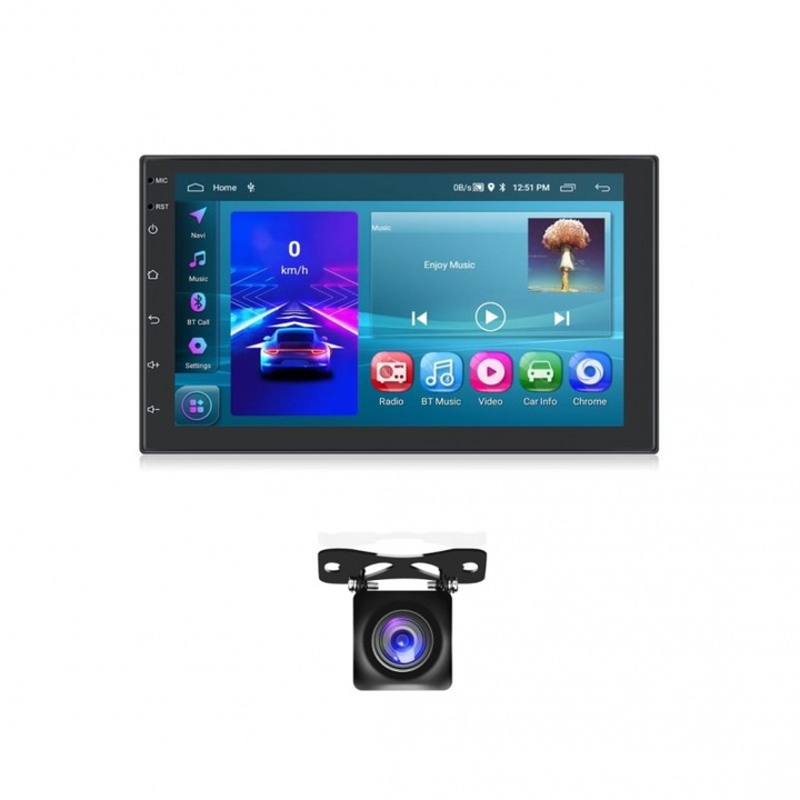 Универсална автомобилна навигация INOVA® 7 инча, 2DIN, 2GB RAM, 64GB ROM, Камера за заден ход CVBS & AHD, Android Auto Cable, Carplay Wireless, GPS, Bluetooth 4.0, Radio FM, Touchscreen, 2 x USB, Управление от волана
