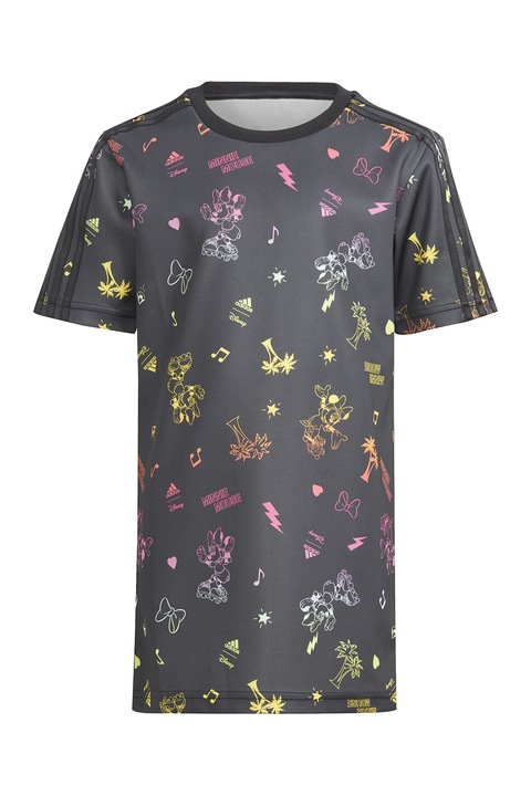 adidas Sportswear, Тениска с овално деколте и принт, Жълт/Розово/Антрацитно сиво