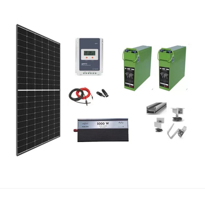 Sistem solar off grid kit complet 740W pe 24V cu 2 panouri fotovoltaice mono 370W, baterii solare190Ah si invertor SINUS PUR 5000W 24V, panou solar, casa, cabana, containere, Solid Volt