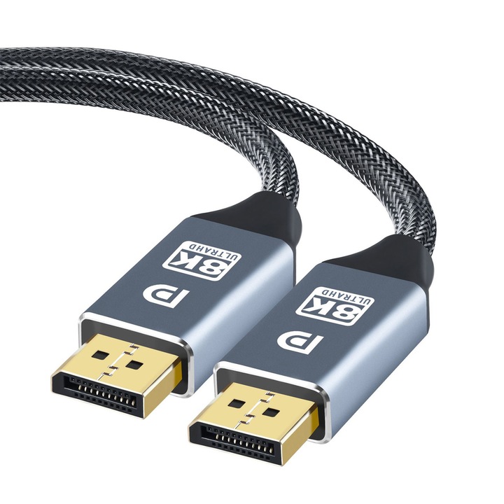 Адапторен кабел, Hggzeg, Displayport мъжки към displayport мъжки, HDR 8K@60Hz/4K@144Hz/ 2K@165Hz, ултра-бърз трансфер на данни, 32.4Gbps, 1.4 DP, съвместим с Windows, Mac OS, Linux, алуминий/найлон, 1m , сиво/черно