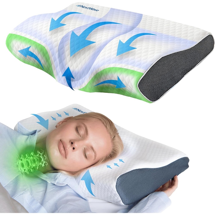 Perna ortopedica pentru dormit NextWave, Spuma cu Memorie ergonomica pentru Gat si Suport Cervical, Husa lavabila, Ideala pentru dormitul lateral, spate sau stomac, beneficii medicale