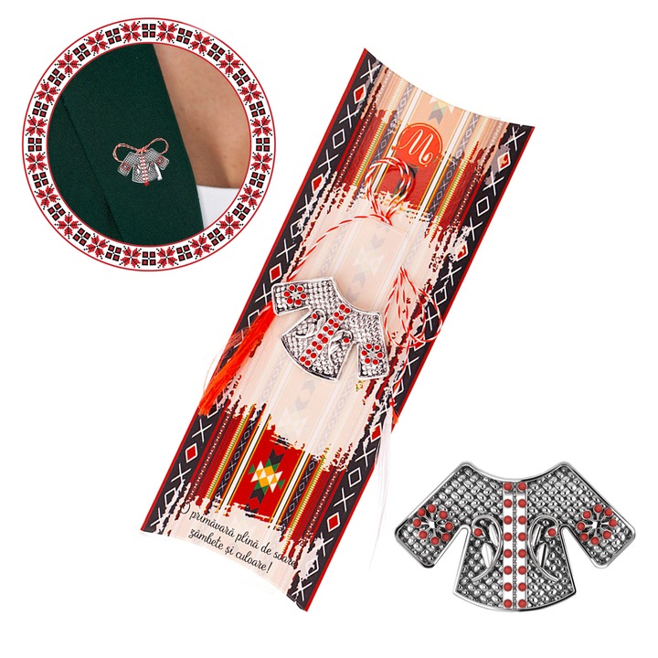 Brosa Martisor Motive Traditionale Ie Flori Rosii
