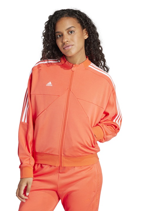 adidas Sportswear, Bluza de trening cu fermoar si buzunare oblice, Alb/Portocaliu mandarina, XS