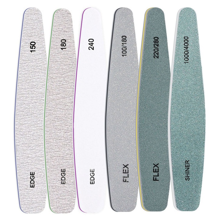 Set 6 pile unghii professional, Axroad Mall, 150/180/240, 100/180, 220/280, 1000/4000, Design laturi duble, Rezistenta la uzura, Refolosibila, Lavabil, Pentru manichiura si pedichiura, Bureti, 17.8*2.8 cm, Multicolor