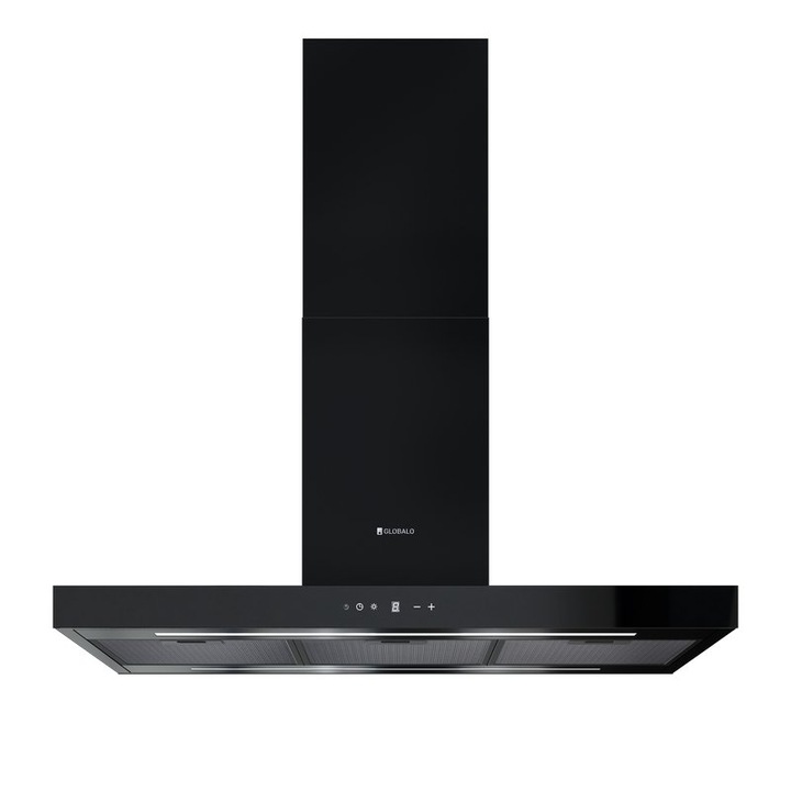 Hota de insula GLOBALO LONATIO ISOLA 90.2 NEAGRA, clasa energetica B, iluminare LED, 54 cm latime, 90 cm lungime, control touch screen, interval de viteza 3 si boost, Putere absortie 610 mc/h, Volum min. 45 dB