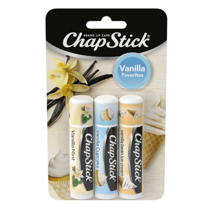 Set 3 balsamuri de buze cu vanilie, ChapStick, Multicolor