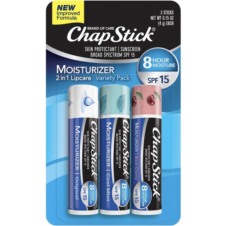 Set Balsam de Buze Hidratant Protector ChapStick Original Cool Mint Black Cherry SPF15 3 x 4g, Formula Avansata Nutritiva Fara Parabeni, Ingrijire Completa Buze Uscate Crapate, Revitalizare Zilnica, Pentru Intreaga Familie, Calitate Superio