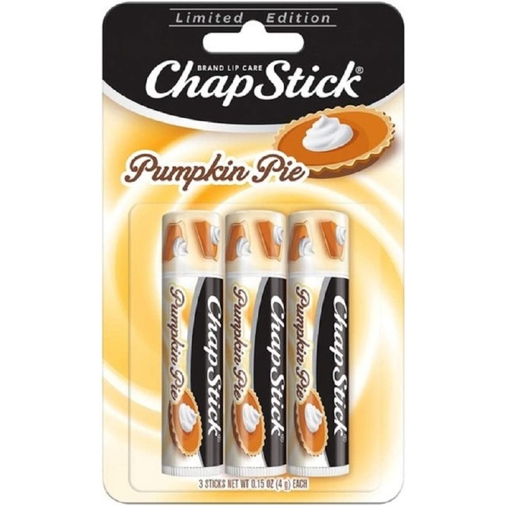 Set 3 Balsamuri de Buze ChapStick Pumpkin Pie Editie Limitata, Ruj Hidratant cu Aroma Dulce de Placinta de Dovleac, Hranire Intensa si Protectie Durabila pentru Buze Moi, Netede si Stralucitoare, Formula Delicata, 3 x 4g