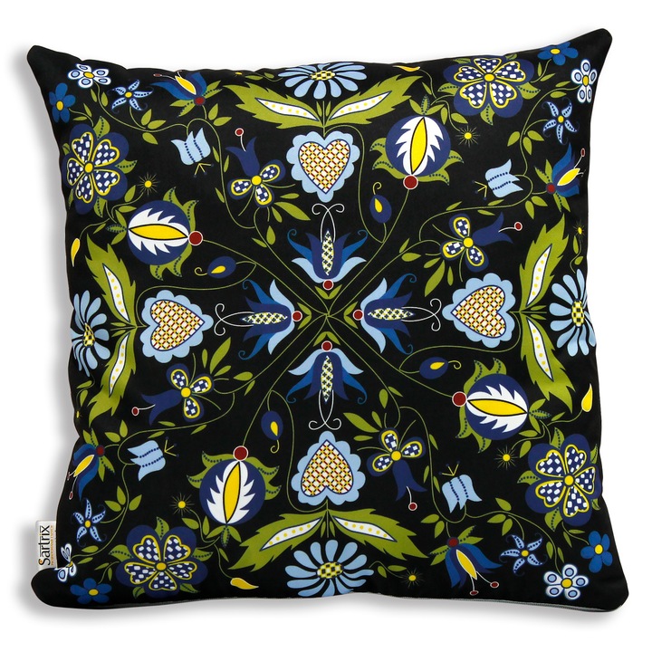 Sartrix népi díszpárna, 40x40cm, fekete, kasub motívumokkal