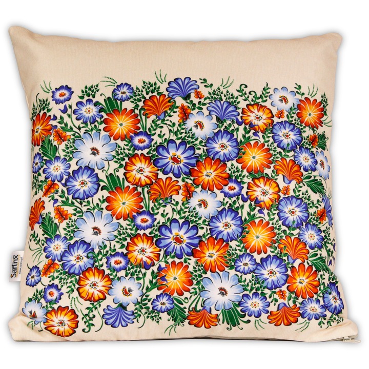 Perna decorativa Sartrix, folk, flori de camp, 40x40cm, bej