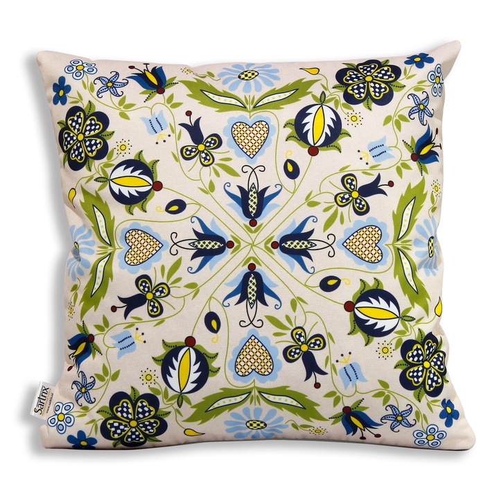 Díszpárna, Sartrix, Kashub folk, virágok, bézs, 40x40cm