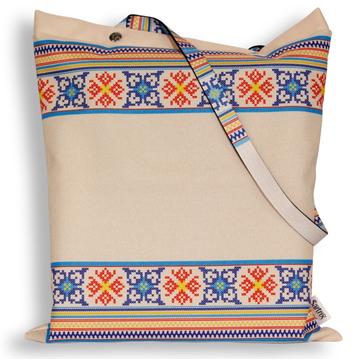 Geanta populara Krzczonowski, cusatura in cruce, impregnata, bej, Polonia - folclore