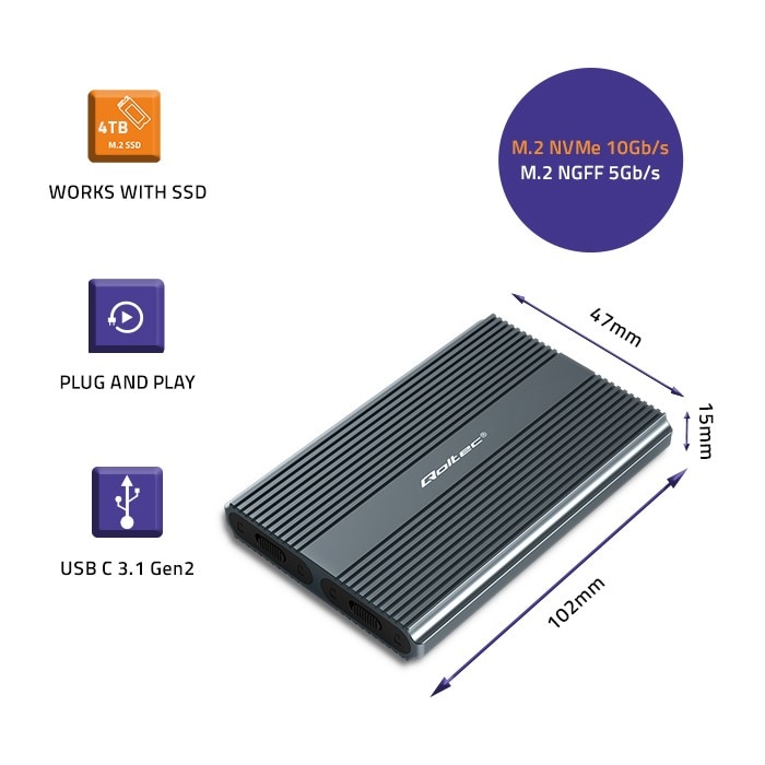 Unitati Ssd Carcasa Qoltec, Golful pentru unitati SSD M.2, SATA, NVMe, USB-C, DUAL ...