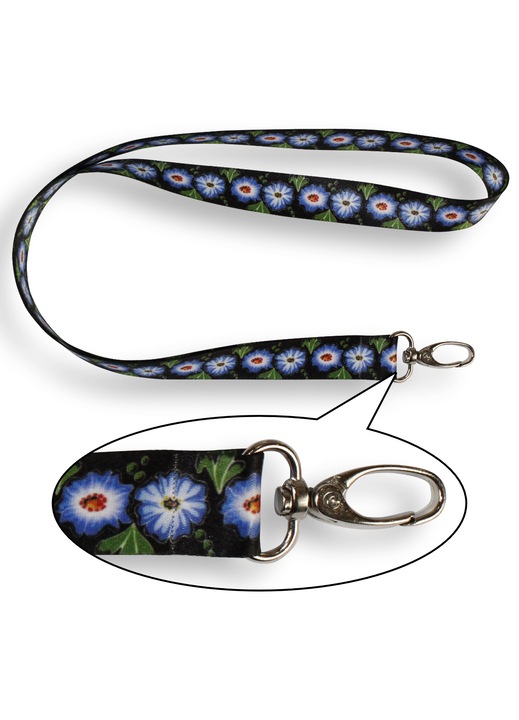 Lanyard cu design popular, negru cu flori albastre