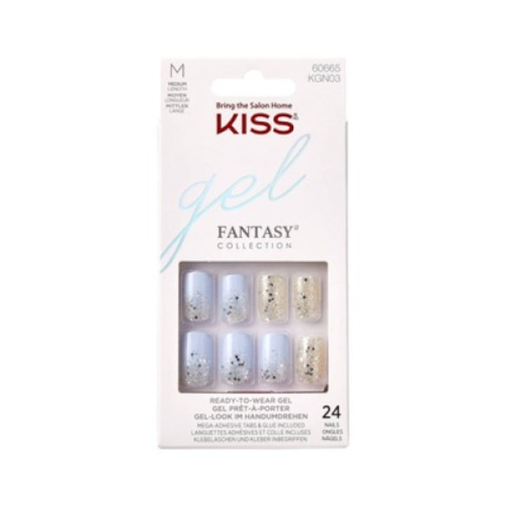 Set 24 Unghii Artificiale Kiss Gel Fantasy KGN03 Marimea M, Manichiura Instant cu Aplicare Usoara, Multicolor, Include Adeziv Roz, Pila si Betisor, Perfecte pentru un Look Impecabil si Rezistent
