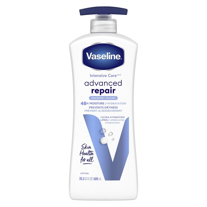 Lotiune de Corp Hidratanta Vaseline Advanced Repair pentru Piele Uscata si Sensibila 600ml - Micro-picaturi de Vaselina, Absorbtie Rapida, Regenerare Intensiva, Hranire Profunda, Ideal pentru Utilizare Zilnica, Piele Sanatoasa si Catifelata