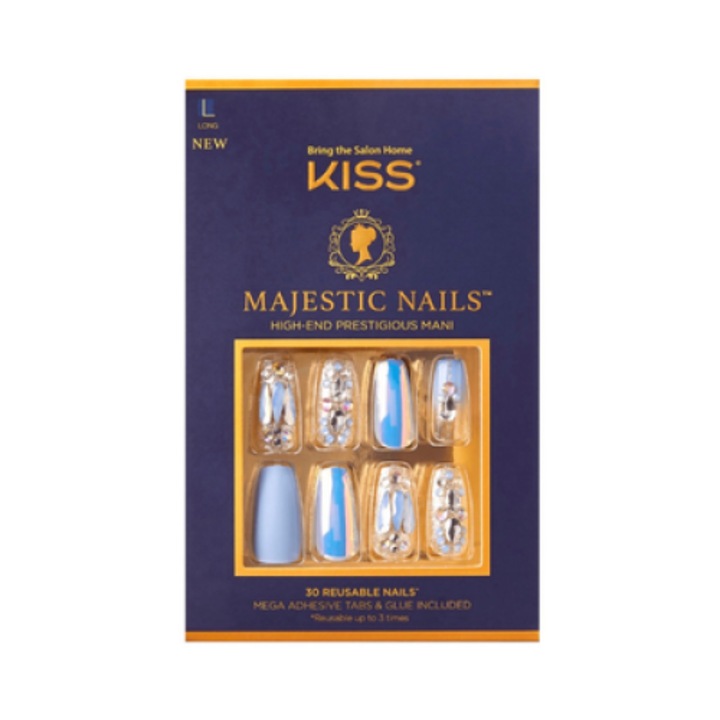 Set profesional de 30 unghii false artificiale Kiss Majestic Nails MJ02C, marimea L, Multicolor, pentru o manichiura impecabila si rapida, cu adeziv gel, folii si accesorii incluse, perfect pentru un look regal