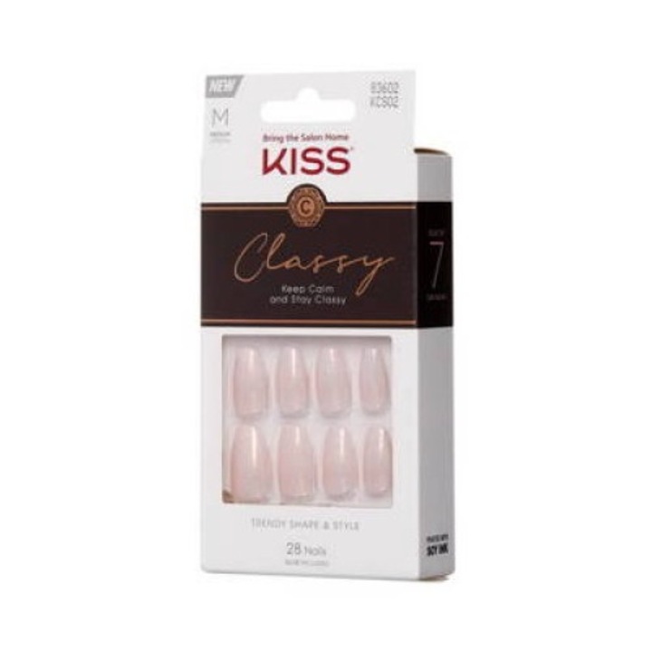 Set complet 28 unghii false artificiale Kiss Classy Nails KCS02C, roz elegant, marime M, cu adeziv gel, pila si betisor manichiura, solutie rapida pentru o manichiura perfecta, rezistenta si usor de aplicat acasa, aspect natural si ingrijit