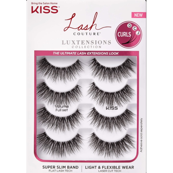 4 pár műszempilla készlet Kiss Couture, teljes volumenű, vékony csík, natúr hatású, ragasztóval, fekete