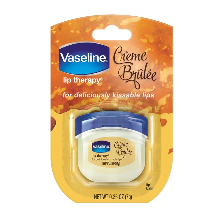 Balsam de buze, Vaseline, Aroma Creme Brulee, Protejeaza Pielea Delicata A Buzelor, Calmeaza Buzele Uscate Si Crapate, Transparent, Creme Brulee, 7g, Galben