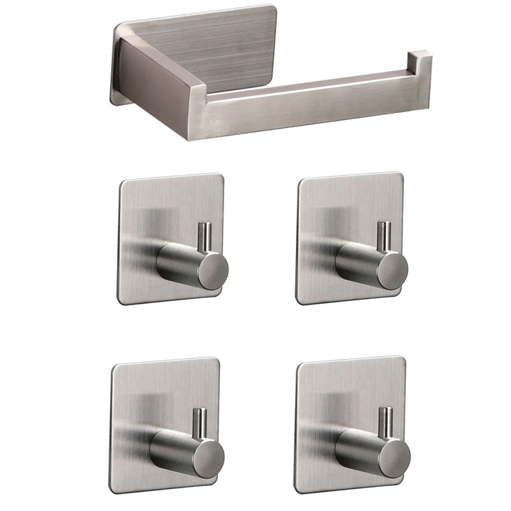 Set 5 suport hartie igienica baie, Axroad Mall, Set accesorii baie, Fara cuie, Montare cu benzi autoadezive, Rezistent la umiditate si rugina, Usor de curatat, Durabil, Pentru bai, bucatarii, dormitor, Inox, 14x7.6x4.5cm, Argintiu