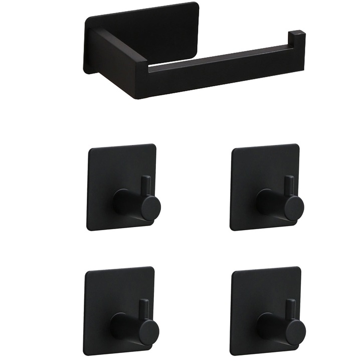 Set 5 suport hartie igienica baie, Axroad Mall, Set accesorii baie, Fara cuie, Montare cu benzi autoadezive, Rezistent la umiditate si rugina, Usor de curatat, Durabil, Pentru bai, bucatarii, dormitor, Inox, 14x7.6x4.5cm, Negru