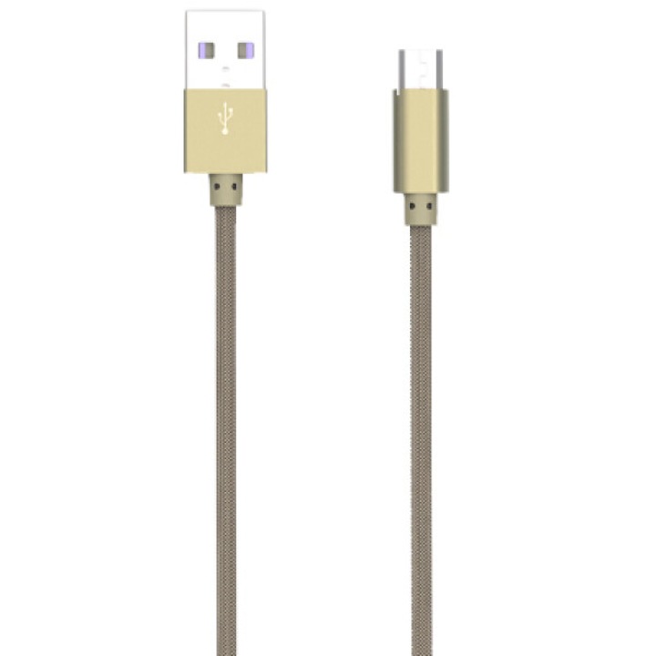 Töltő és adatátviteli kábel, USB A - Micro-USB, textil, 1 m hosszú, arany