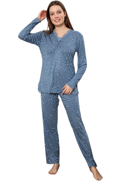 Pijama dama, StarFashion, bluza cu maneca lunga si pantaloni lungi, bumbac cu viscoza, Albastru deschis