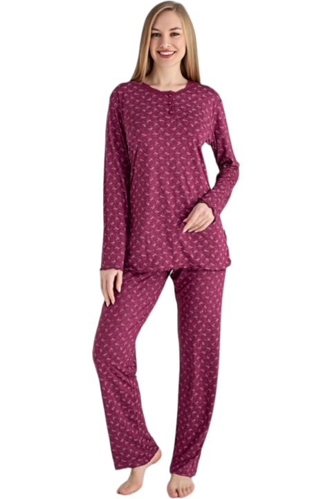 Pijama dama, StarFashion, bluza cu maneca lunga si pantaloni lungi, bumbac cu viscoza, Bordeaux
